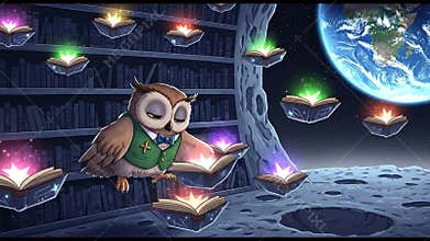 Wise Owl\'s Cosmic Flight: Enchanted Books Illuminate a Celestial Library