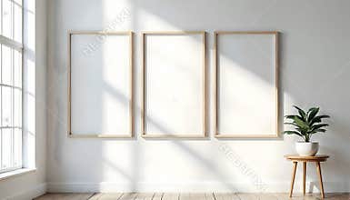 Modern Room Interior with Three Blank Picture Frames and a Potted Plant in Sunlight