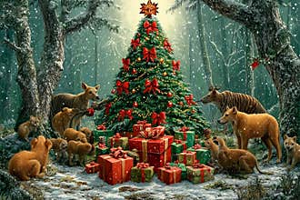 Magic of Christmas in a forest surrounded by joyful animals and gifts