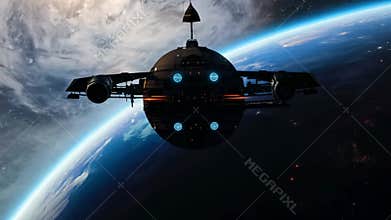 An interstellar spaceship in the background of a potentially habitable planet.