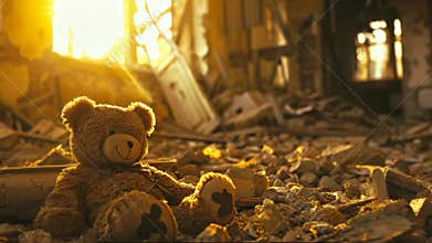 Lonely teddy bear sitting in the rubble of a destroyed building after a war or disaster with sunlight shining through