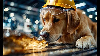 Golden retriever wearing a yellow hard hat and safety goggles inspecting an artifact in an industrial setting
