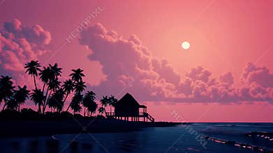 Evening Tropical Island Paradise with Silhouetted Palm Trees and an Overwater Bungalow at Sunset
