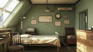 Vintage asylum room with a single empty bed