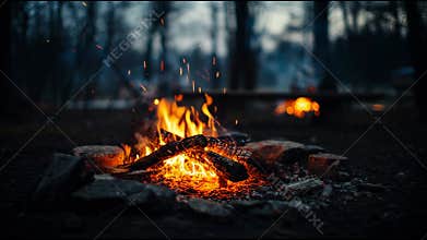 Warm Campfire Sparks Light up the Night in a Peaceful Forest Setting During Late Evening Hours
