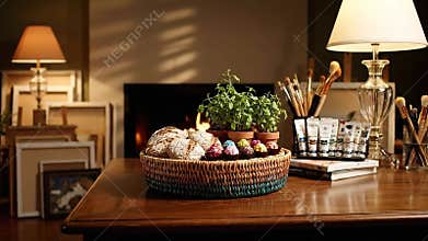 Basket with Bread Plants and Painting Supplies on Wooden Table near Lit Fireplace in Warm Tones Elegant Interior with Easels and