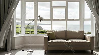 Living Room Interior with Beige Sofa and Ocean View Through Large Windows with Curtains and a Floor Lamp Casting Soft Light