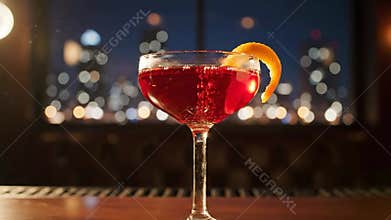 Elegant Manhattan Cocktail Garnished with Orange Peel on Bar with Blurred Cityscape at Night Cinematic Lighting Red Hue in Clear