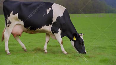 Black and White Cow Eating Grass in Lush Green Field