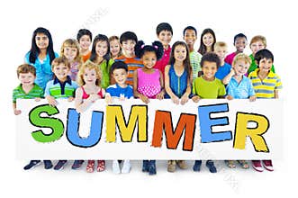 Group of Children Holding Board with Summer Concept
