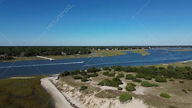 Aerial view of the intracoastal waterway and wetland in Oak Island, North Carolina