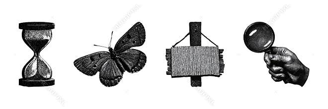 Vintage Hourglass, Butterfly, Sign, And Magnifying Glass Set. Retro Exploration And Discovery Collection Illustration