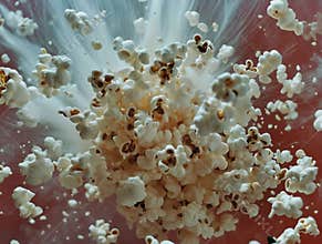 Explosive popcorn burst in slow motion capturing dynamic movement and tempting texture