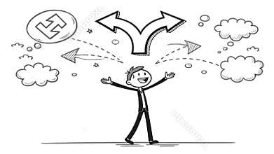 Stick Figure Facing a Choice of Paths Amidst Thought Bubbles on White Isolated Background Suitable For Conceptual Illustrations