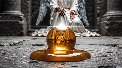 Mystical light shining from ancient artifact held by a serene figure in a forgotten stone chamber Generative AI