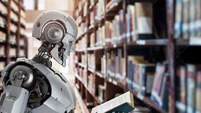 A humanoid robot with a metallic body stands in a library, holding a book. Bookshelves filled with various books are