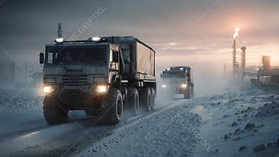 Convoy Moves Across Frozen Terrain Carrying Vital Construction Materials