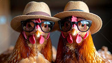 Two chickens wearing hats and glasses posing for the camera humorous concept.