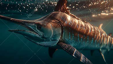 Majestic swordfish swimming underwater with sunlit reflections generative AI
