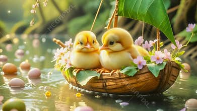 Easter chicks float in a nutshell boat decorated with violets. Flowers surround them, colorful Easter eggs float, and gold flakes.