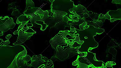 Looped animation of green terrain with layered contour lines smoothly morphing on black background