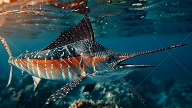 Majestic swordfish swimming in vibrant ocean habitat for marine life enthusiasts generative AI