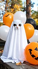 Cat dressed as a ghost with Halloween balloons in an outdoor setting