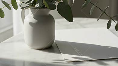 Minimalist Still Life with White Ceramic Vase and Greenery on Sunlit Table, Casting Soft Shadows