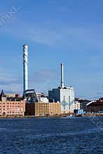 Roselundverket combined heat and power powerplant on bank of Gota river next to Alvstaden development construction site on May 10