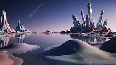 Crystal Structures at Quiet Otherworldly Lake During Daytime