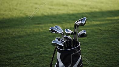Golf clubs standing upright in monochrome bag resting on verdant fairway, ready for morning tee time