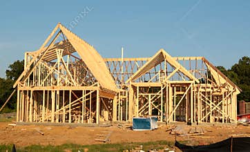 Front View of the Frame of a Suburban Home Under Construction