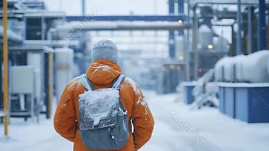Cold winter walk through industrial site with snow and machinery in background