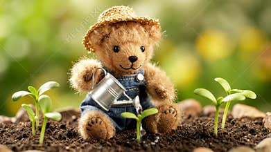 Teddy Bear Waters Young Plants in Garden on Sunny Afternoon