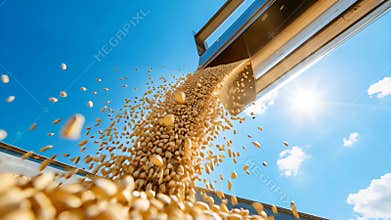 Grains pour from metal storage silo against a vibrant blue sky. Sunlight illuminates the flowing grains, creating a