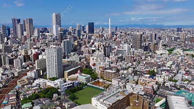 Aerial View of Tokyo Skyline with Skyscrapers and White Tower