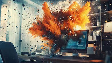 Computer exploding on desk creating fire and debris