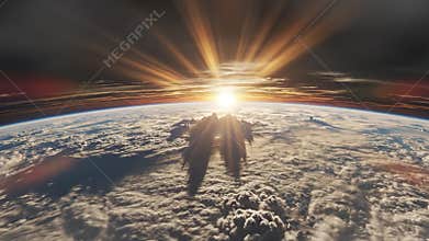 Epic view of earth from space with dramatic sunburst and giant shadows