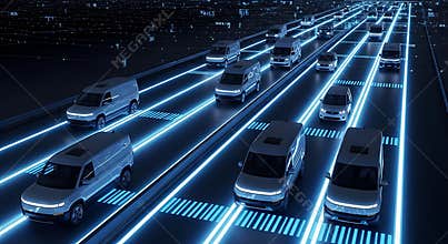 Autonomous electric delivery vans travel on a futuristic highway with glowing lane markers