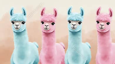 Pastel Pink and Blue Alpaca Illustrations on Tan Watercolor Background Subtle Movement