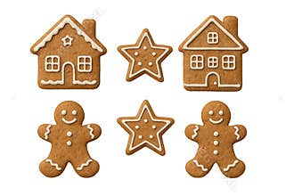 Png set of gingerbread cookies with houses, stars and people isolated on transparent background. concept of holiday sweets