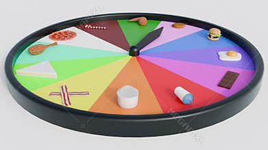 Different types of food are presented as options on a spinning wheel.