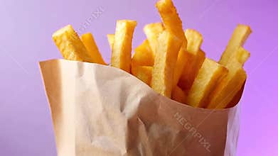 Crispy French Fries in Paper Bag Against Gradient Purple Backdrop Detailed Close Up