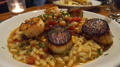 Delicious Pan Seared Scallops with Creamy Risotto Chickpeas and Tomatoes in a Restaurant