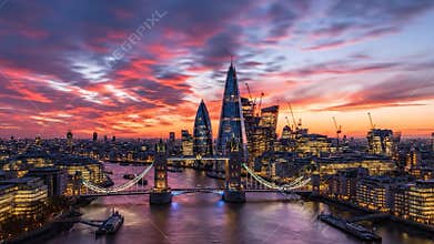 Aerial Drone Hyperlapse of Tower Bridge & London City Skyline, River Thames View