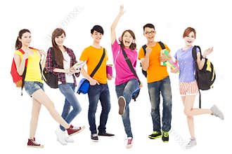 Happy young students standing a row