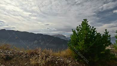 A view from an off-road vehicle of a mountain autumn landscape. Shot with an action camera without motion blur.