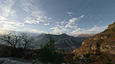 A view from an off-road vehicle of a mountain autumn landscape. Shot with an action camera without motion blur.