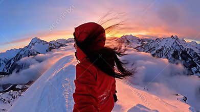 Young Woman Hiker in Red Jacket Standing on Snowy Mountain Peak Above Clouds at Sunset