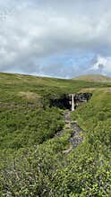 Tiny Stream Waterfall Descending Green Slope in Expansive Icelandic Meadow